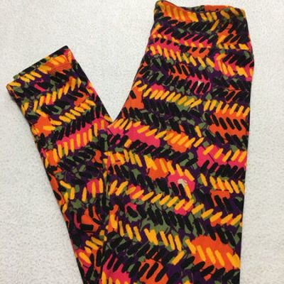 Lularoe OS Leggings Bright Yellow Orange Pink Black Dash Stripe Funky One Size